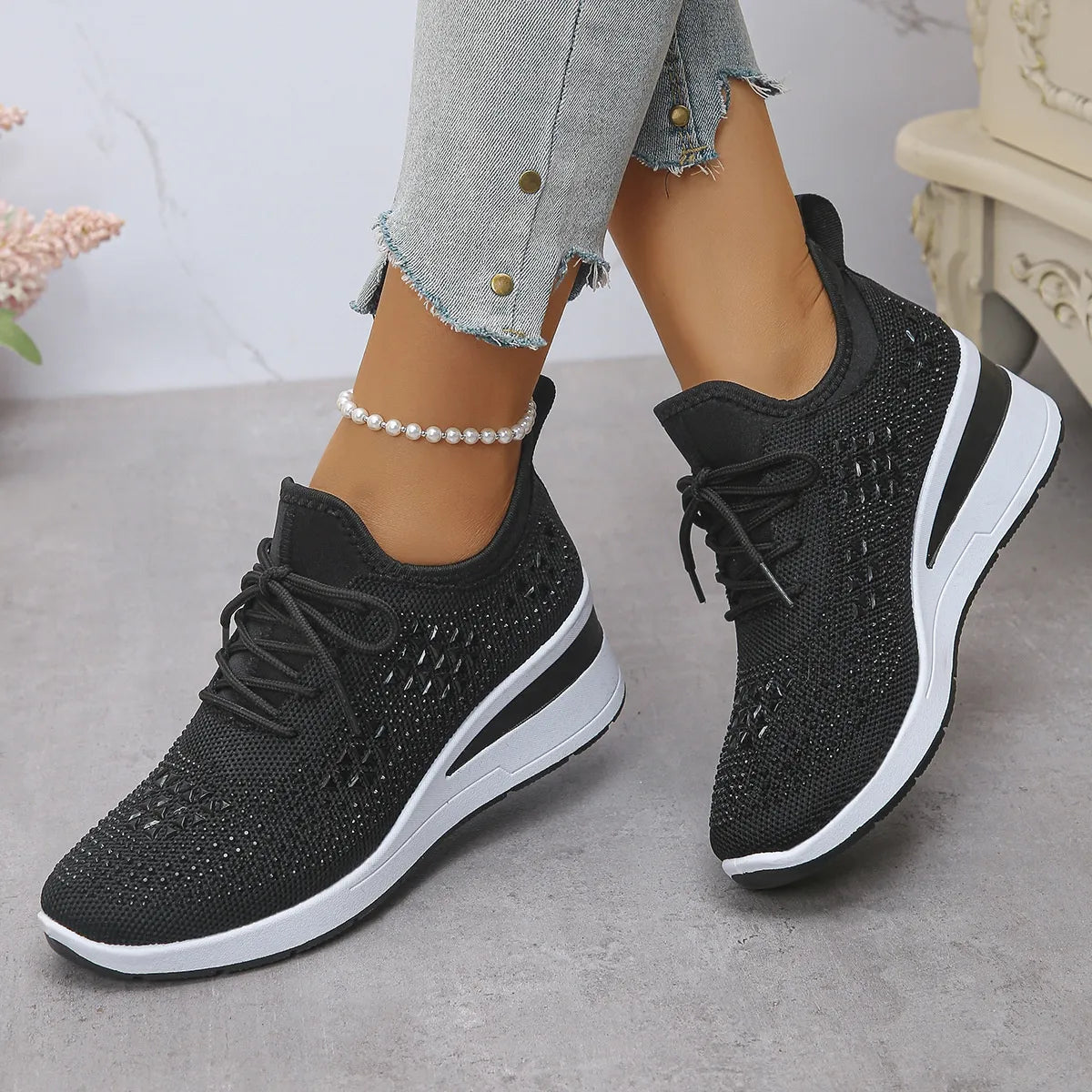 Women's Breathable Mesh Rhinestone Wedge Athletic Sneakers