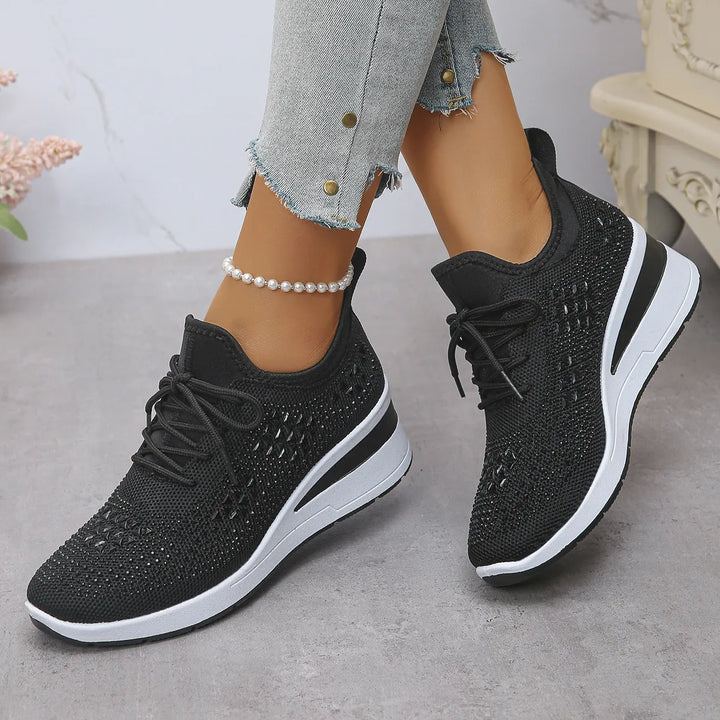 Women's Breathable Mesh Rhinestone Wedge Athletic Sneakers