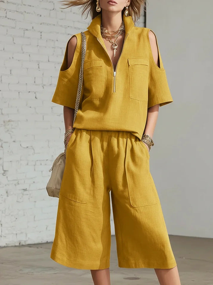 Women's Casual Short-Sleeve Shirt & Loose Shorts Two-Piece Set