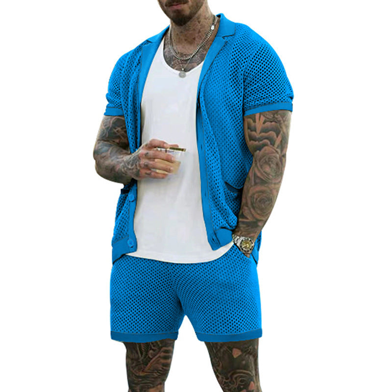 Men's Summer Cool Mesh Lapel Short Sleeve Shorts Suit