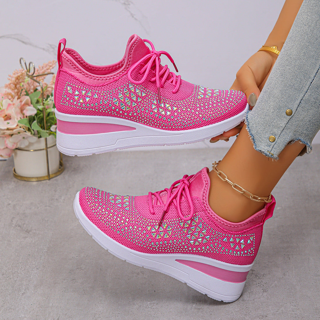 Women's Fashion Rhinestone Lace Up Wedge Sneakers