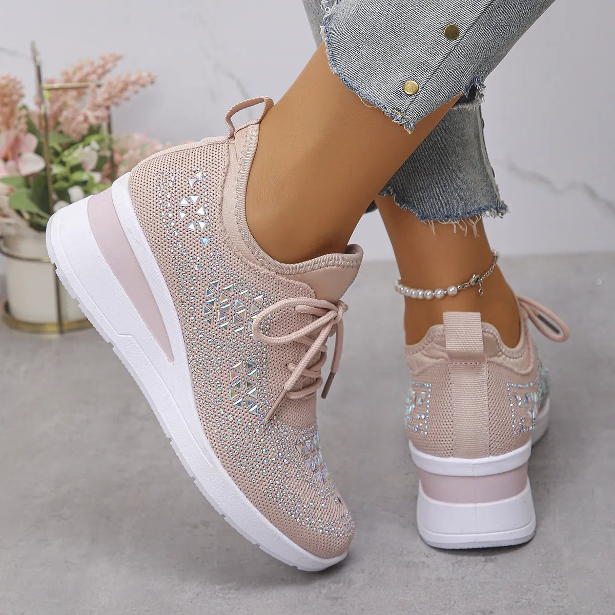 Women's Breathable Mesh Rhinestone Wedge Athletic Sneakers