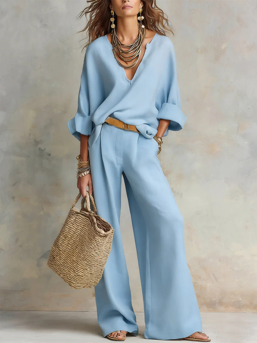 Women's Casual Linen Three-Quarter Sleeve Top & Full-Length Pants Set