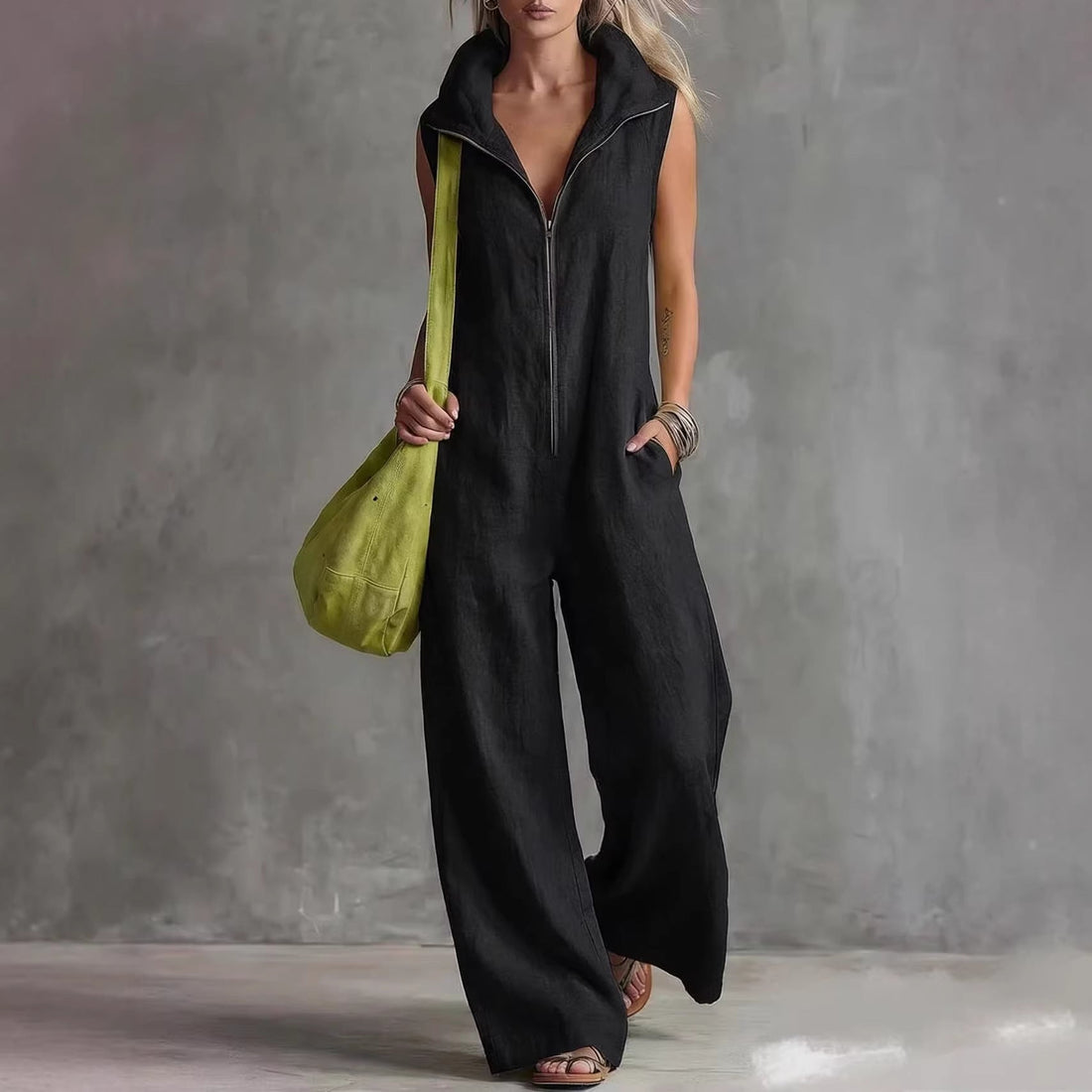 Women's Loose Sleeveless Jumpsuit with Pockets – Linen-Look