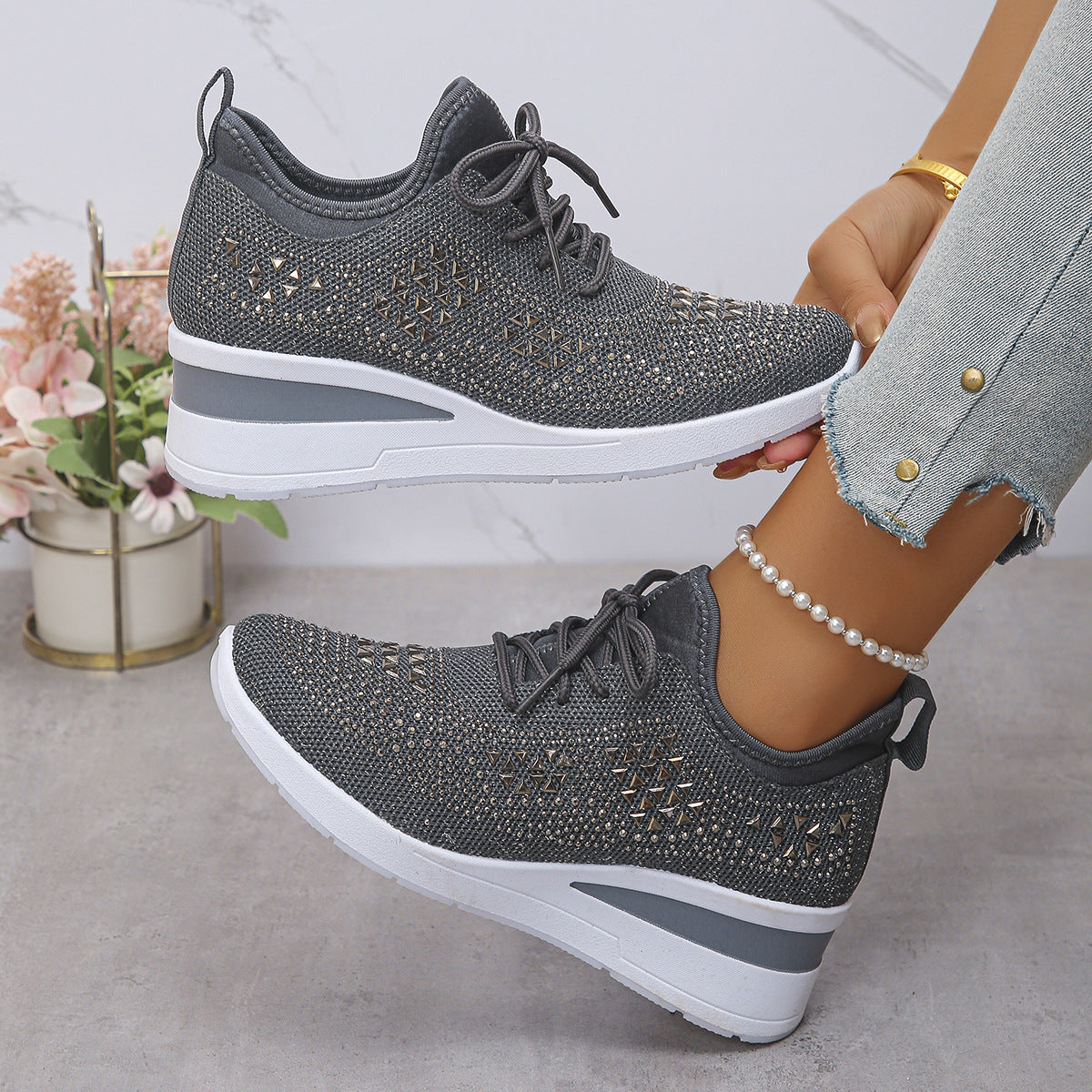 Women's Fashion Rhinestone Lace Up Wedge Sneakers