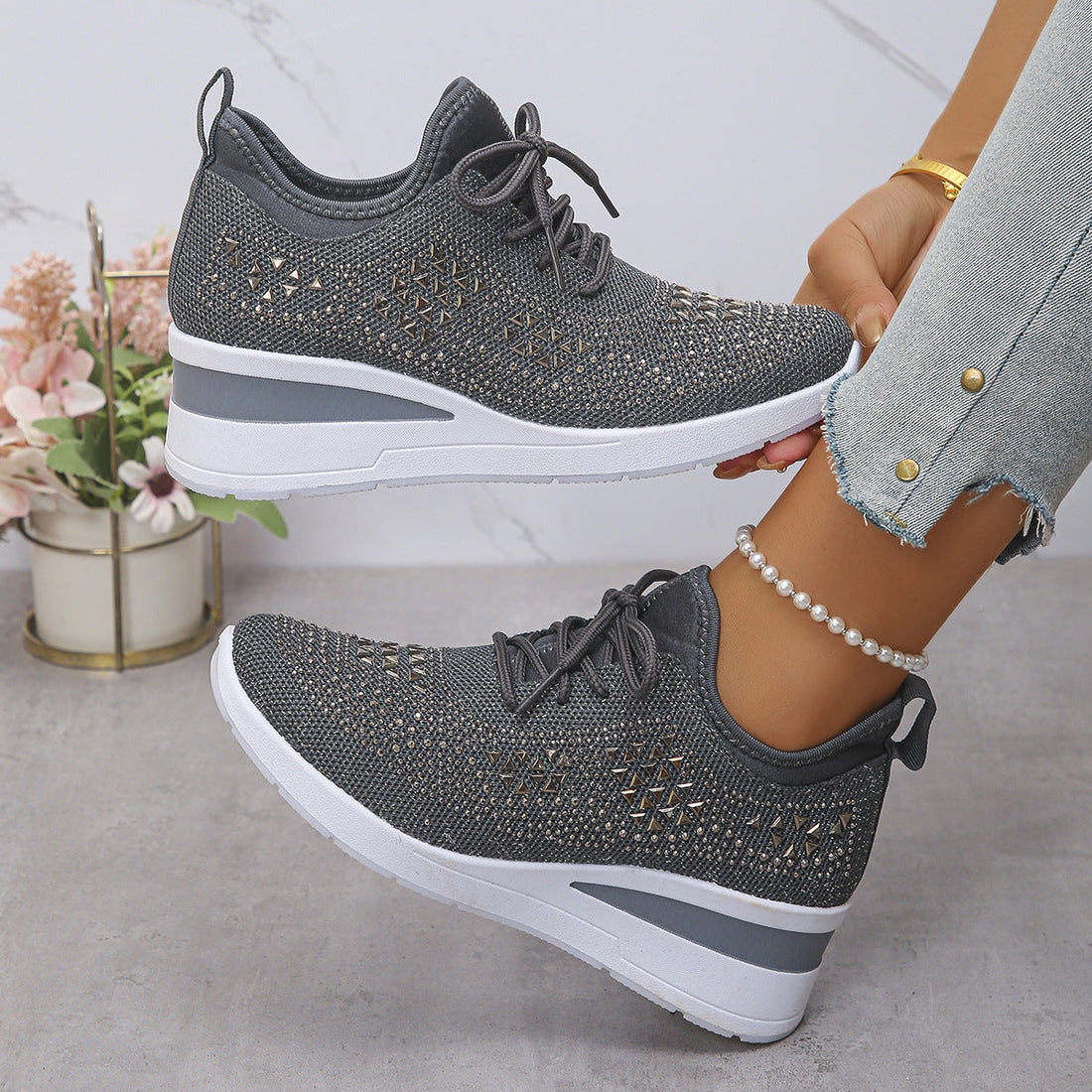Women's Fashion Rhinestone Lace Up Wedge Sneakers