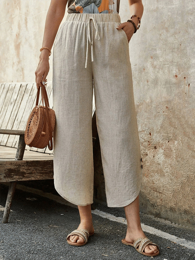 Women's Cotton-Linen Cropped Drawstring Pants