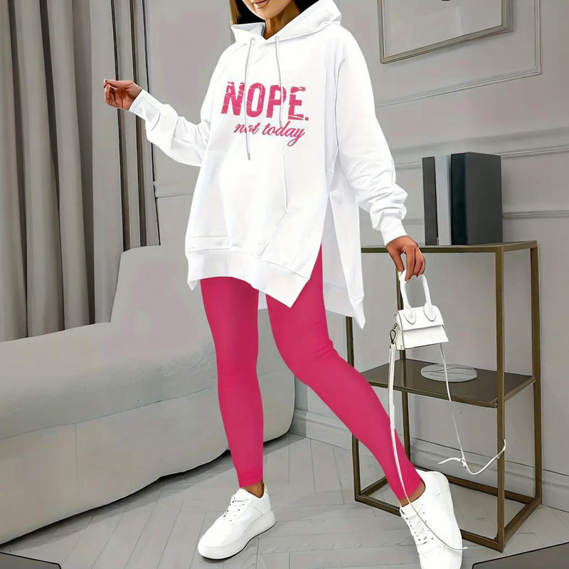 Women's Casual 2-Piece Set Solid Color Leggings & Letter Print Hooded Sweatshirt