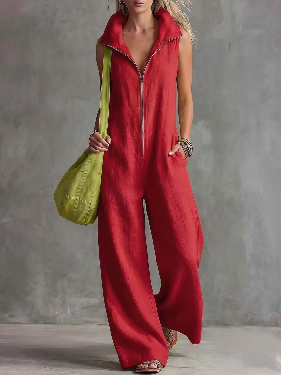 Women's Loose Sleeveless Jumpsuit with Pockets – Linen-Look