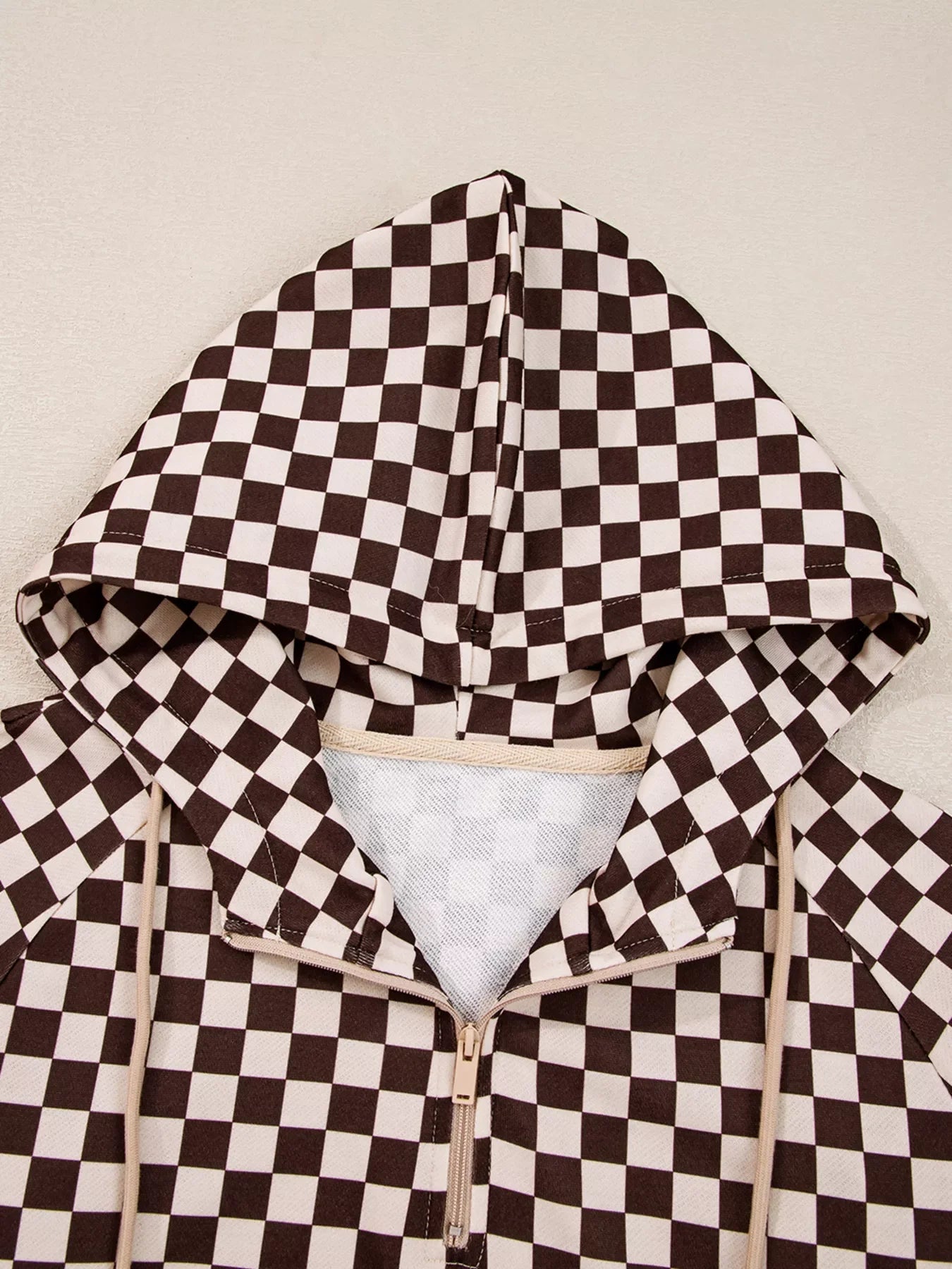 Women's Checkered Drawstring Hoodie and Pants Set