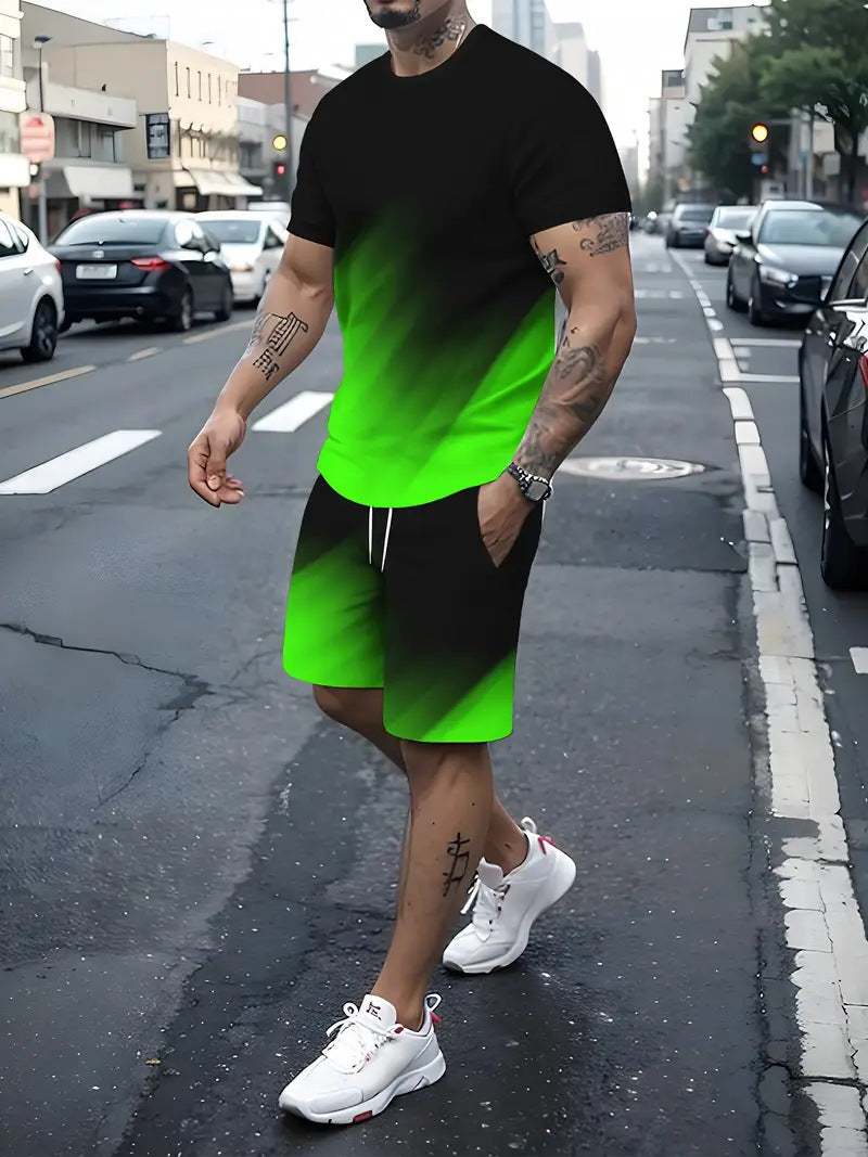 Men's Summer Fashion Trend 3D Digital Printing Short Sleeve Shorts Set