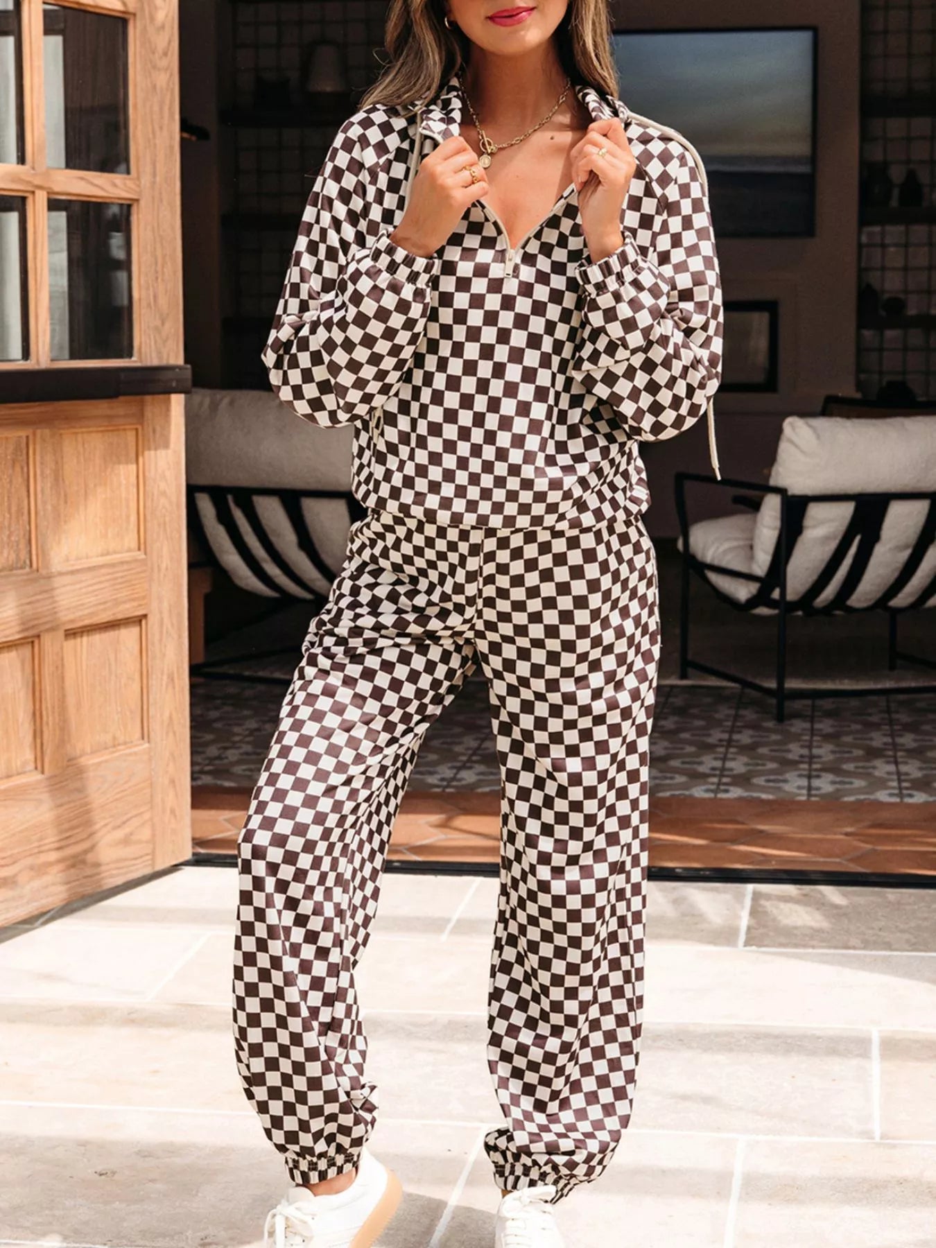 Women's Checkered Drawstring Hoodie and Pants Set