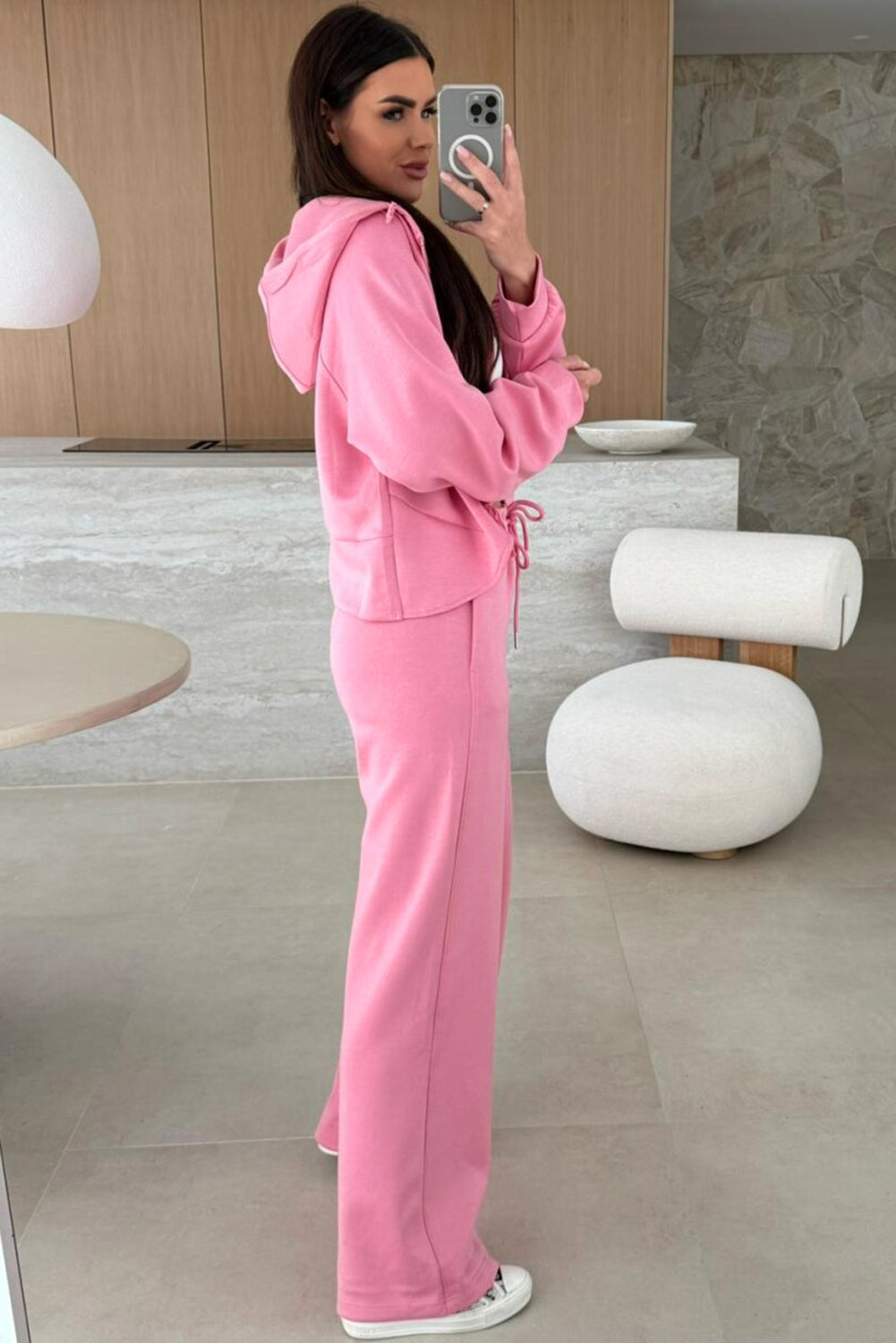 Women's Pink Solid Color Zip Up Hoodie Drawstring Loose Pants Set