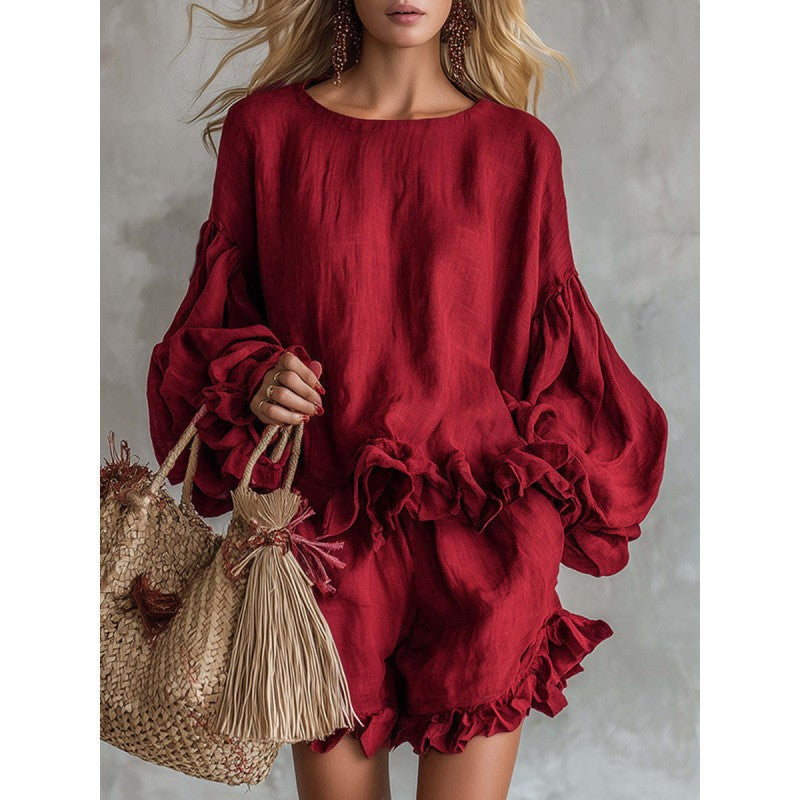 Women's Lantern Sleeve Top & Shorts Two-Piece Set