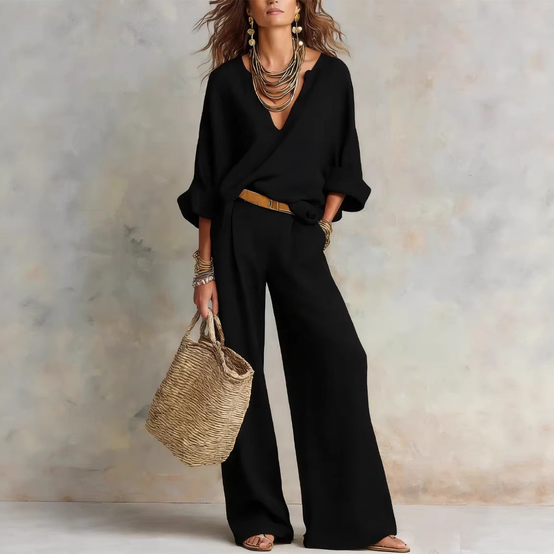 Women's Casual Linen Three-Quarter Sleeve Top & Full-Length Pants Set
