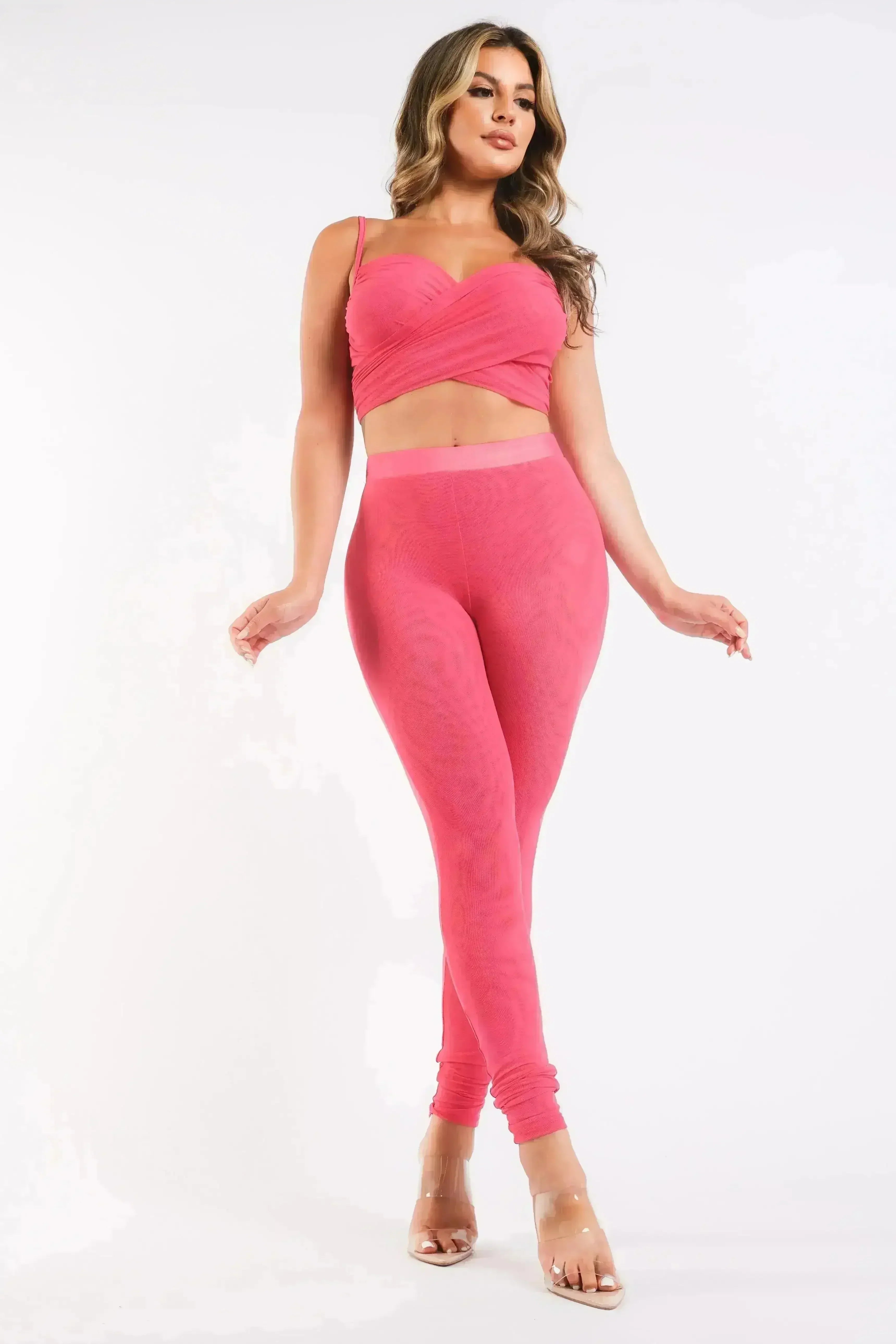 Women's Casual Mesh Sports Strappy Sleeve Top & Leggings