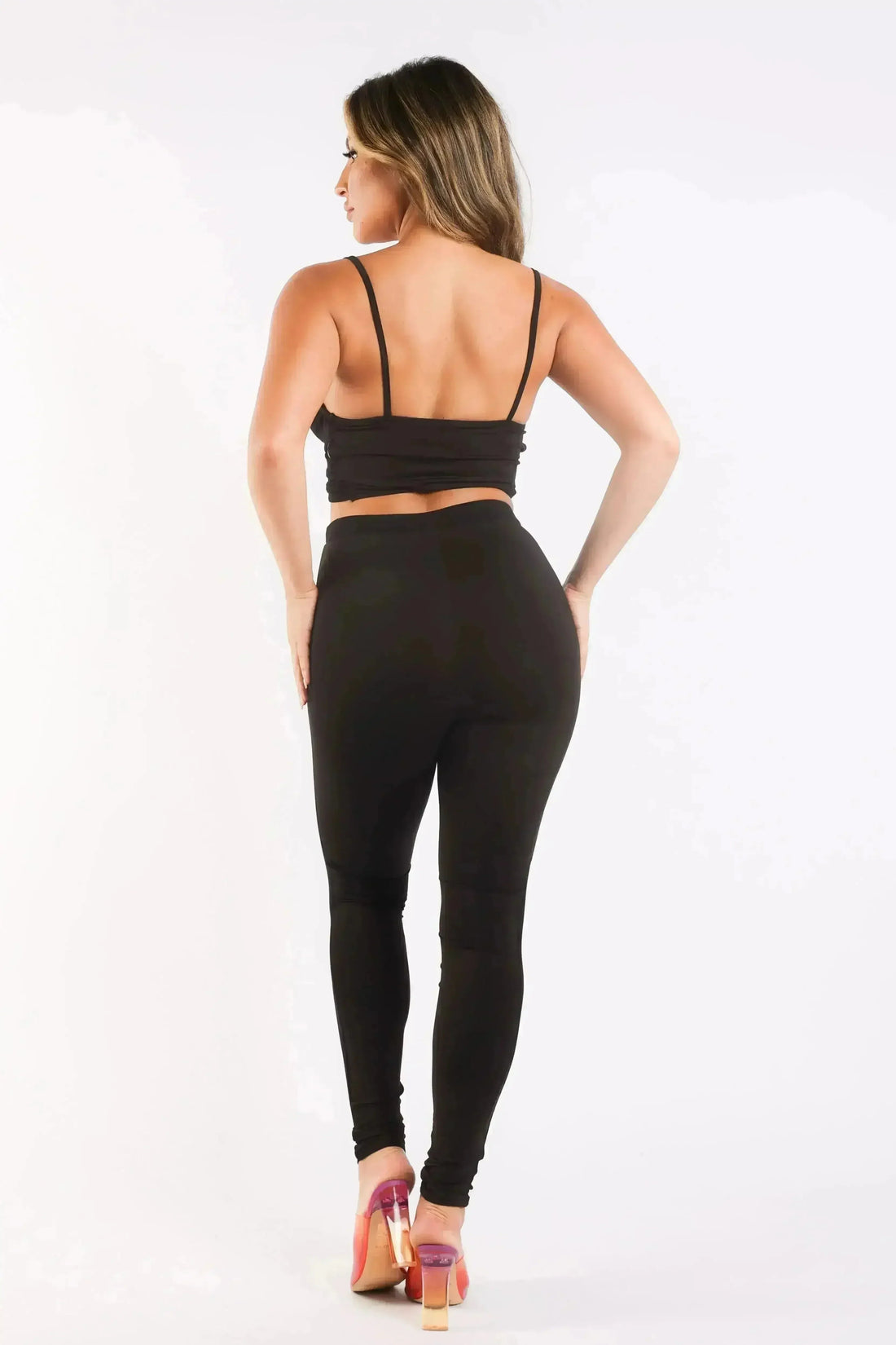 Women's Mesh Contrast Sets Casual Sports Strappy Sleeve Top & Leggings