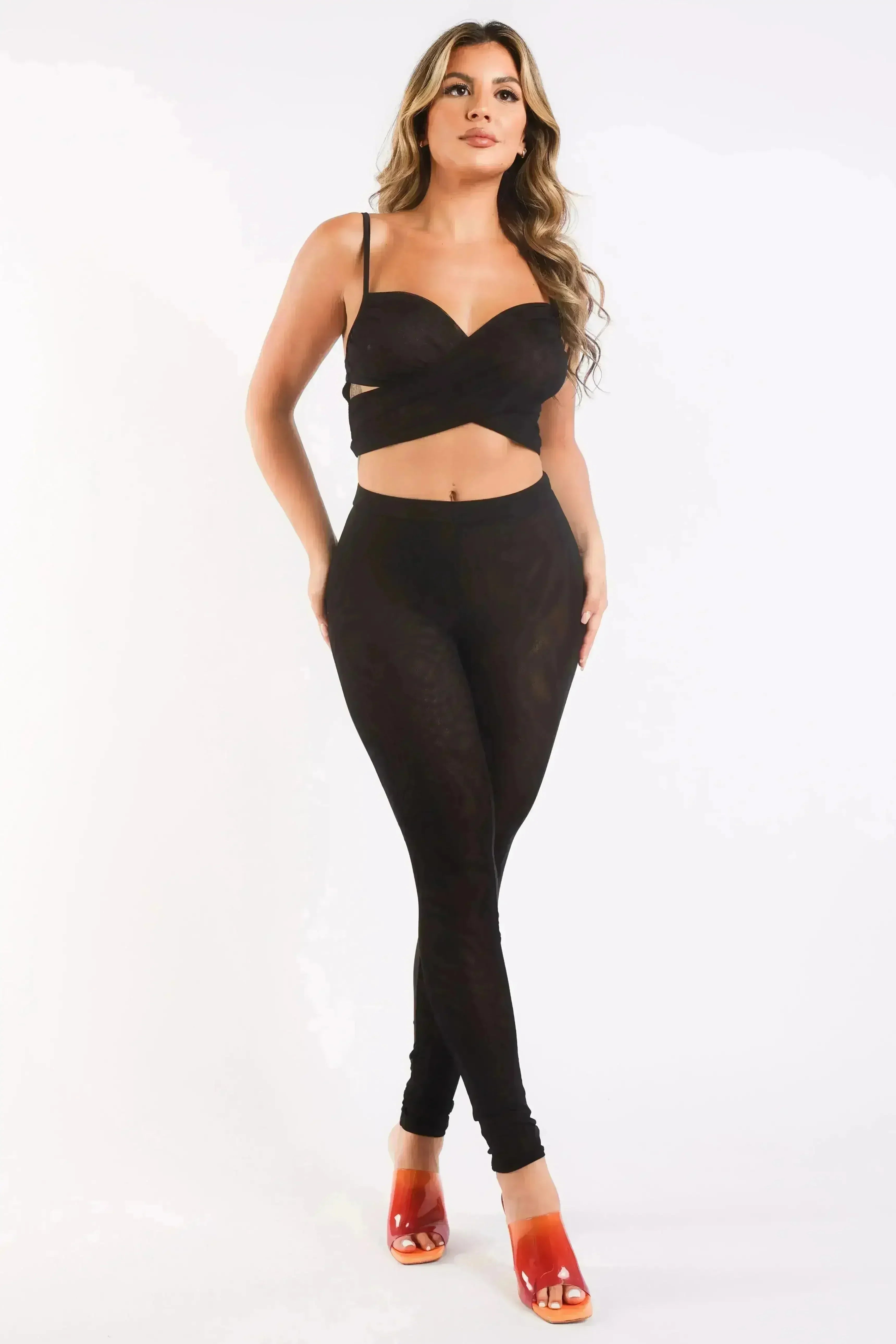 Women's Mesh Contrast Sets Casual Sports Strappy Sleeve Top & Leggings