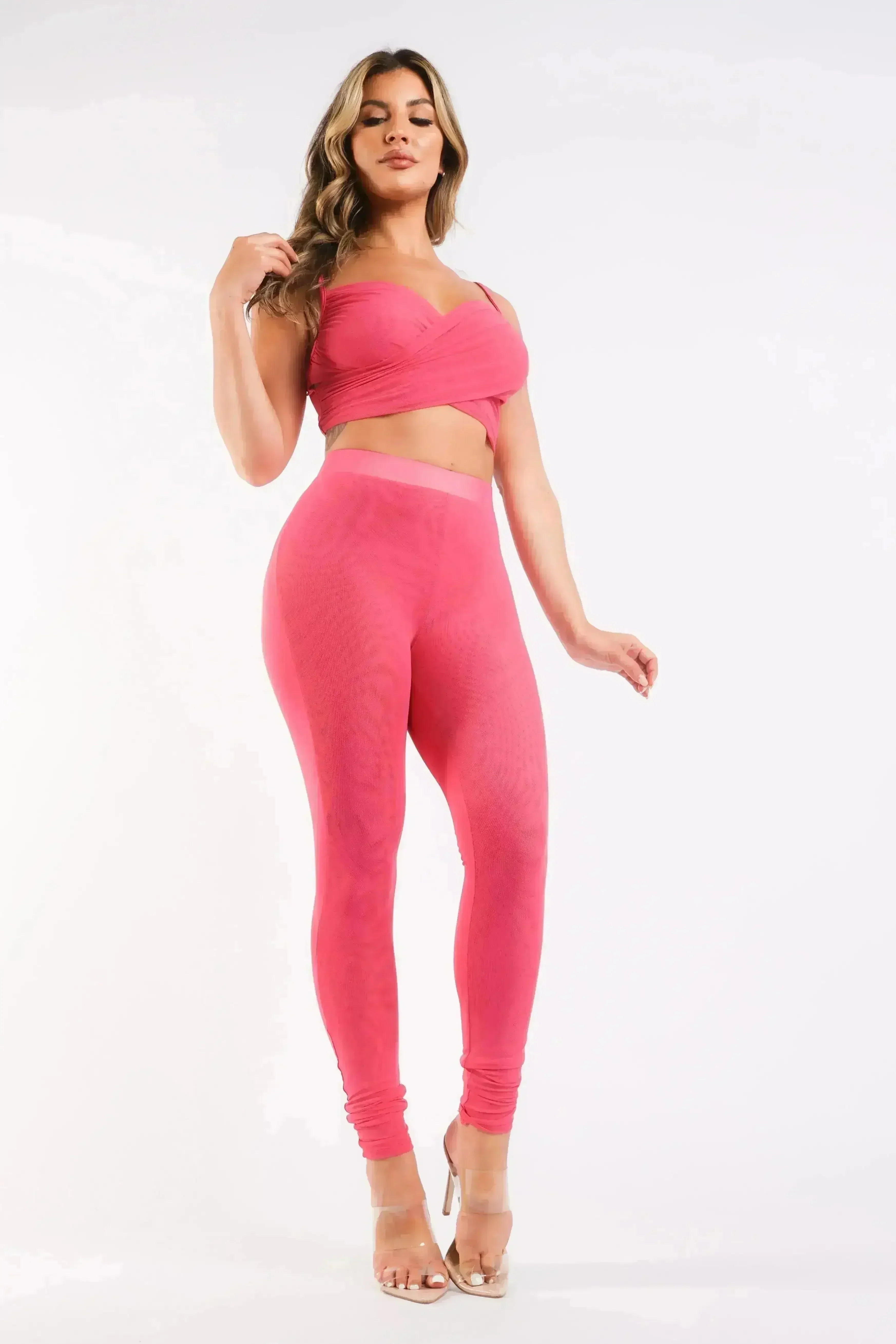 Women's Casual Mesh Sports Strappy Sleeve Top & Leggings