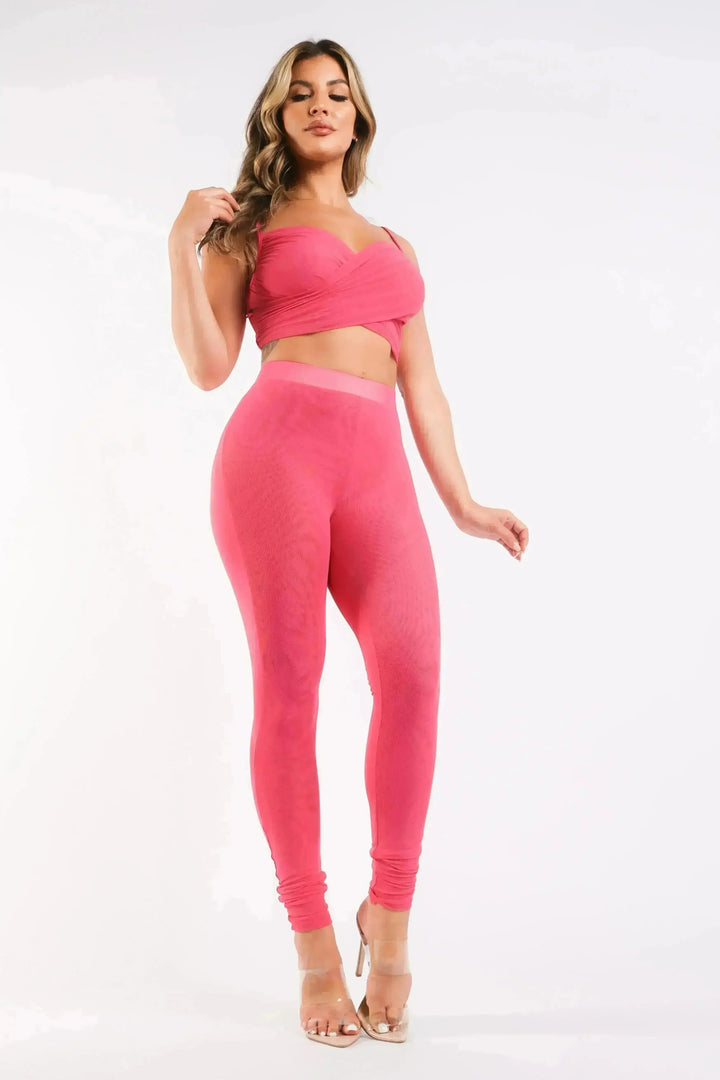 Women's Casual Mesh Sports Strappy Sleeve Top & Leggings