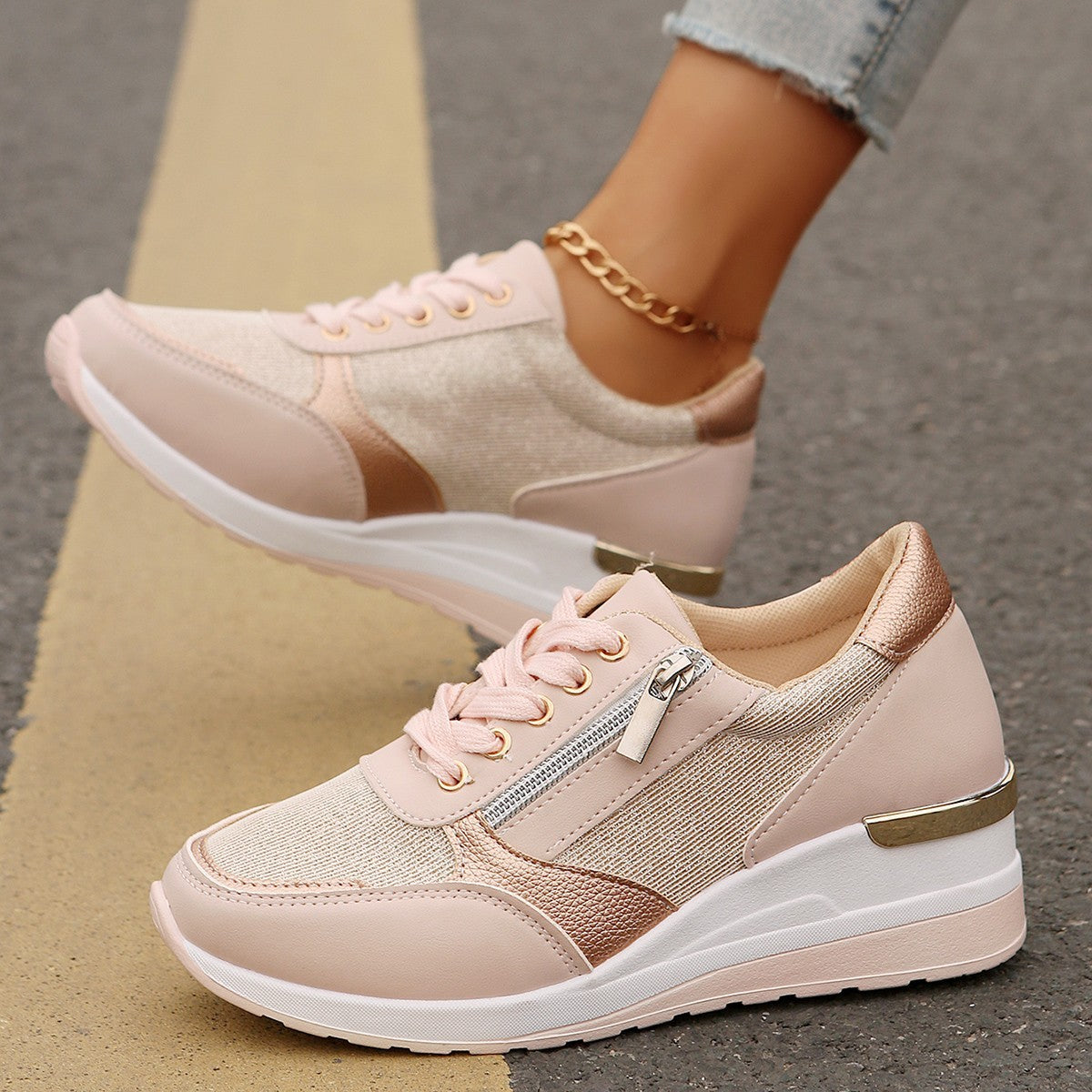Women's Metallic Lace-Up Side Zipper Thick-Sole Sneakers