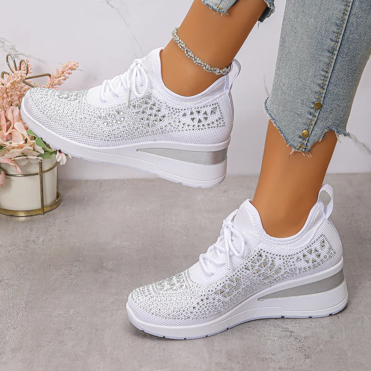 Women's Breathable Mesh Rhinestone Wedge Athletic Sneakers