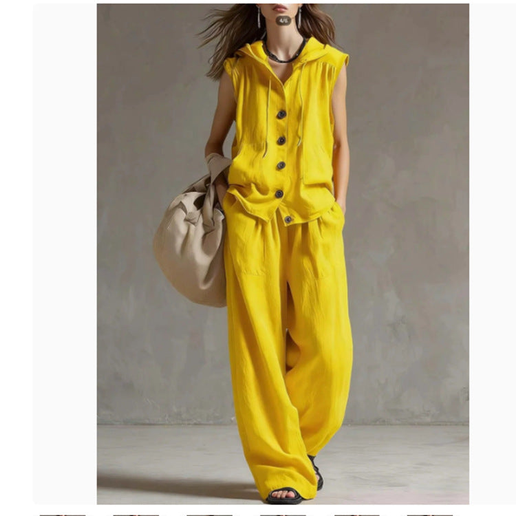 Women's Two-Piece Sleeveless Hooded Top & High-Waist Wide-Leg Pants Set