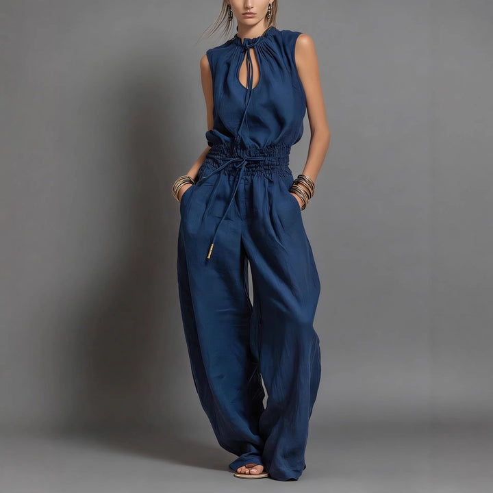 Women's Sleeveless High-Waist Wide-Leg Pleated Jumpsuit