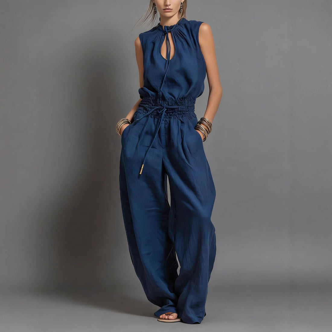 Women's Sleeveless High-Waist Wide-Leg Pleated Jumpsuit