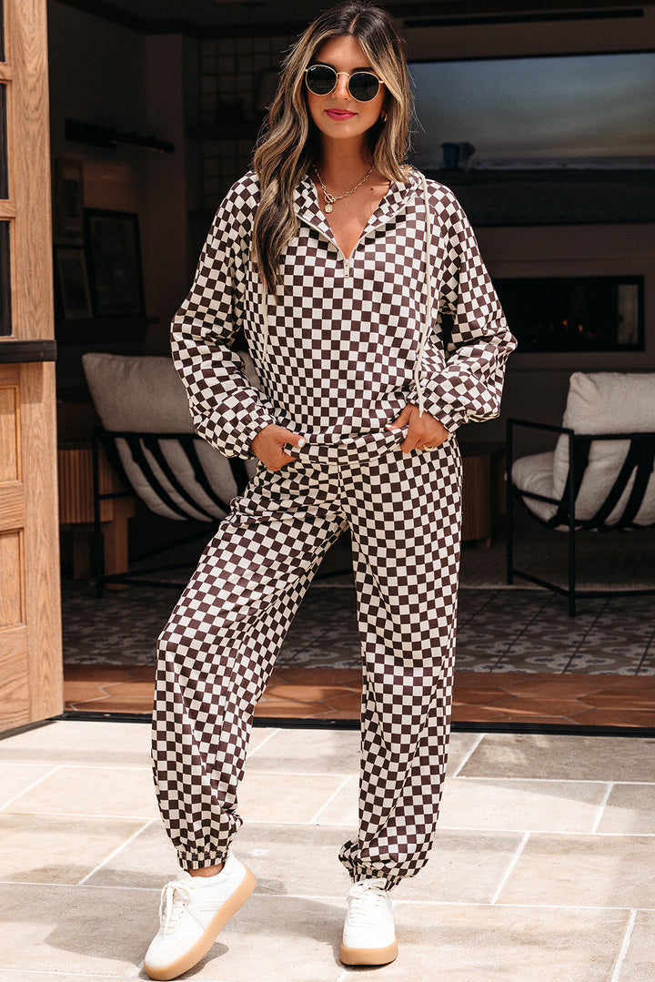 Women's Black Athleisure Checkered 2pcs Pants Set