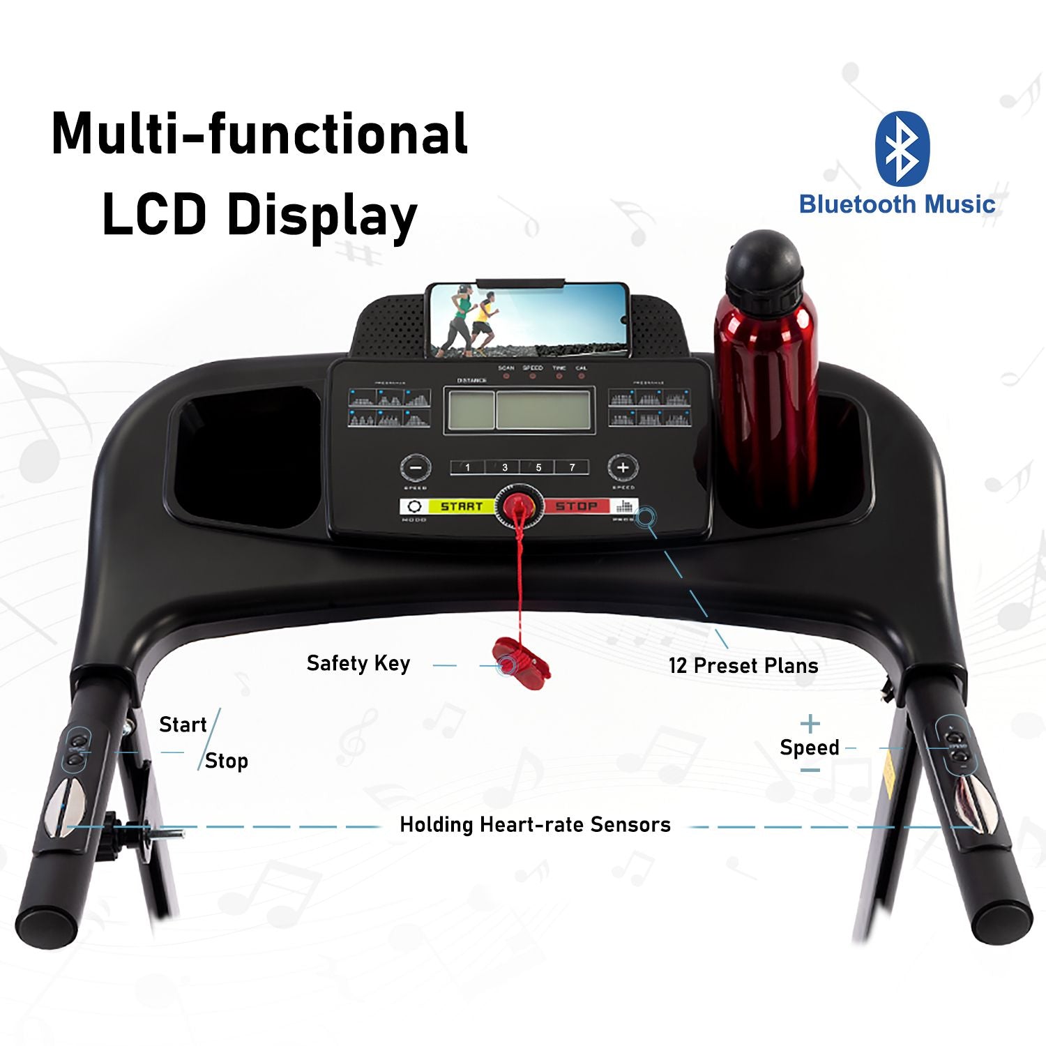 Folding Electric Treadmill with Incline 2.5HP 12KM/H Bluetooth for Home Fitness