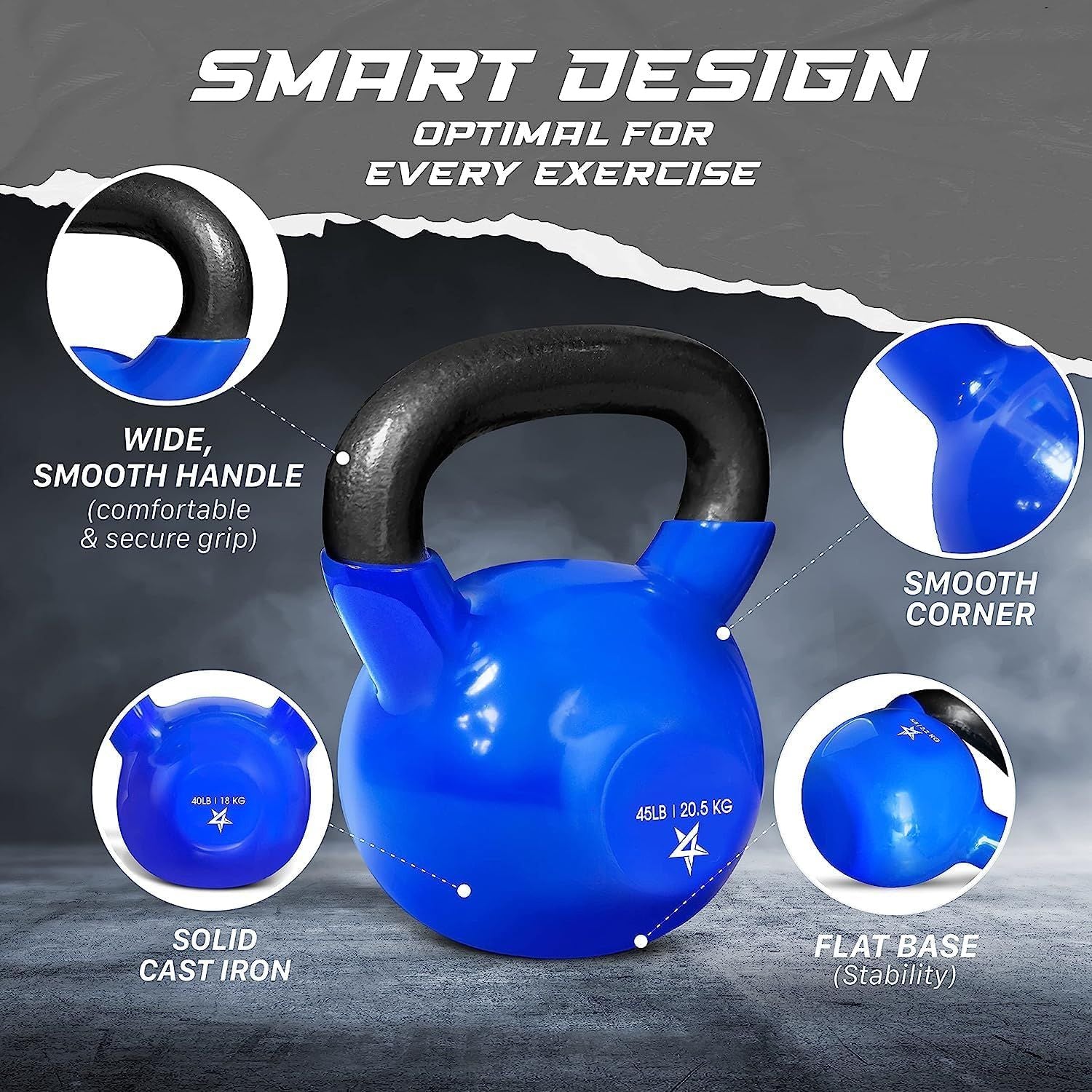 Kettlebell, 5-100 LB Vinyl Coated Cast Iron Strength Training Kettlebells for Home Fitness Equipment