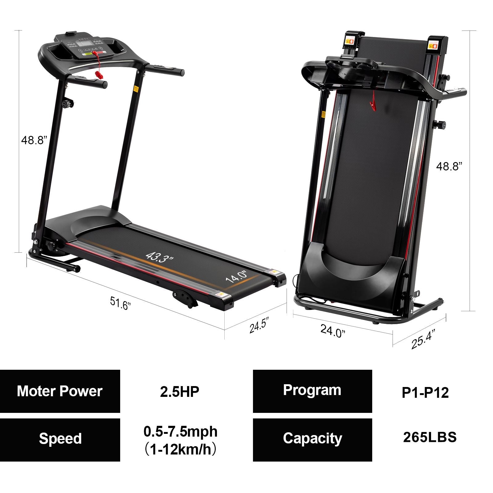 Folding Electric Treadmill with Incline 2.5HP 12KM/H Bluetooth for Home Fitness