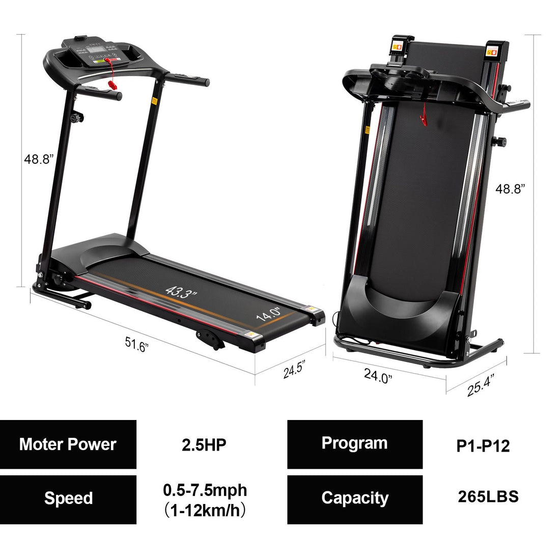 Folding Electric Treadmill with Incline 2.5HP 12KM/H Bluetooth for Home Fitness