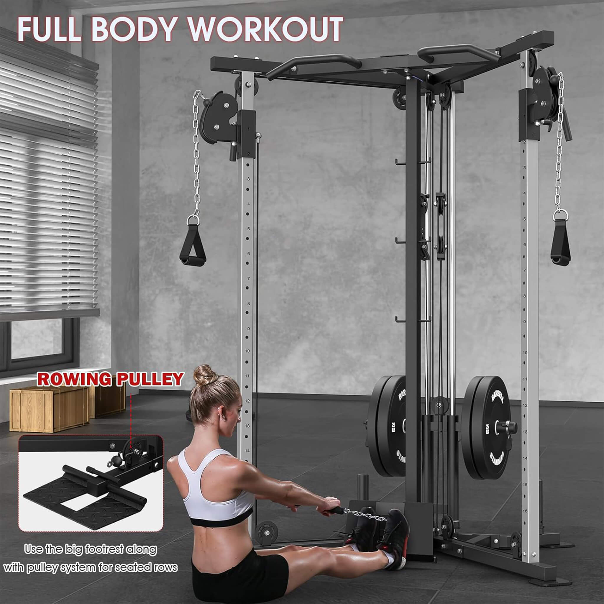 Rovix Dual Pulley Cable Crossover Machine With Pull Up And LAT Bar