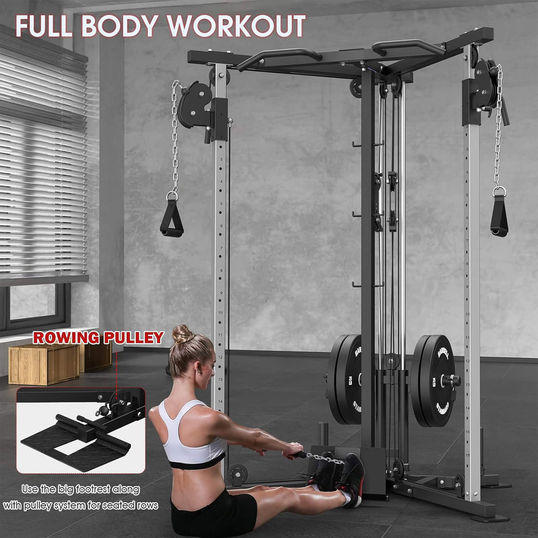 Rovix Dual Pulley Cable Crossover Machine With Pull Up And LAT Bar