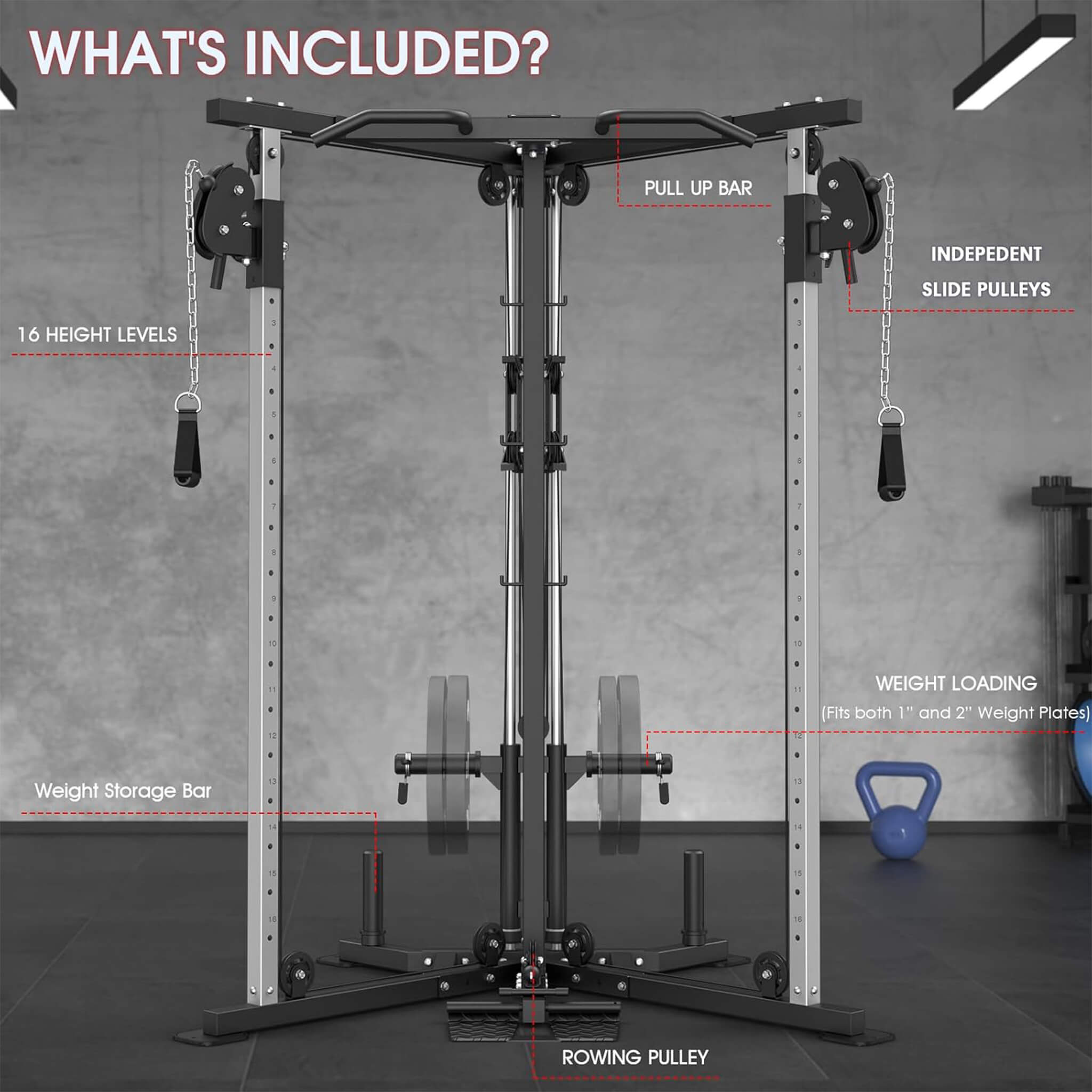 Rovix Dual Pulley Cable Crossover Machine With Pull Up And LAT Bar