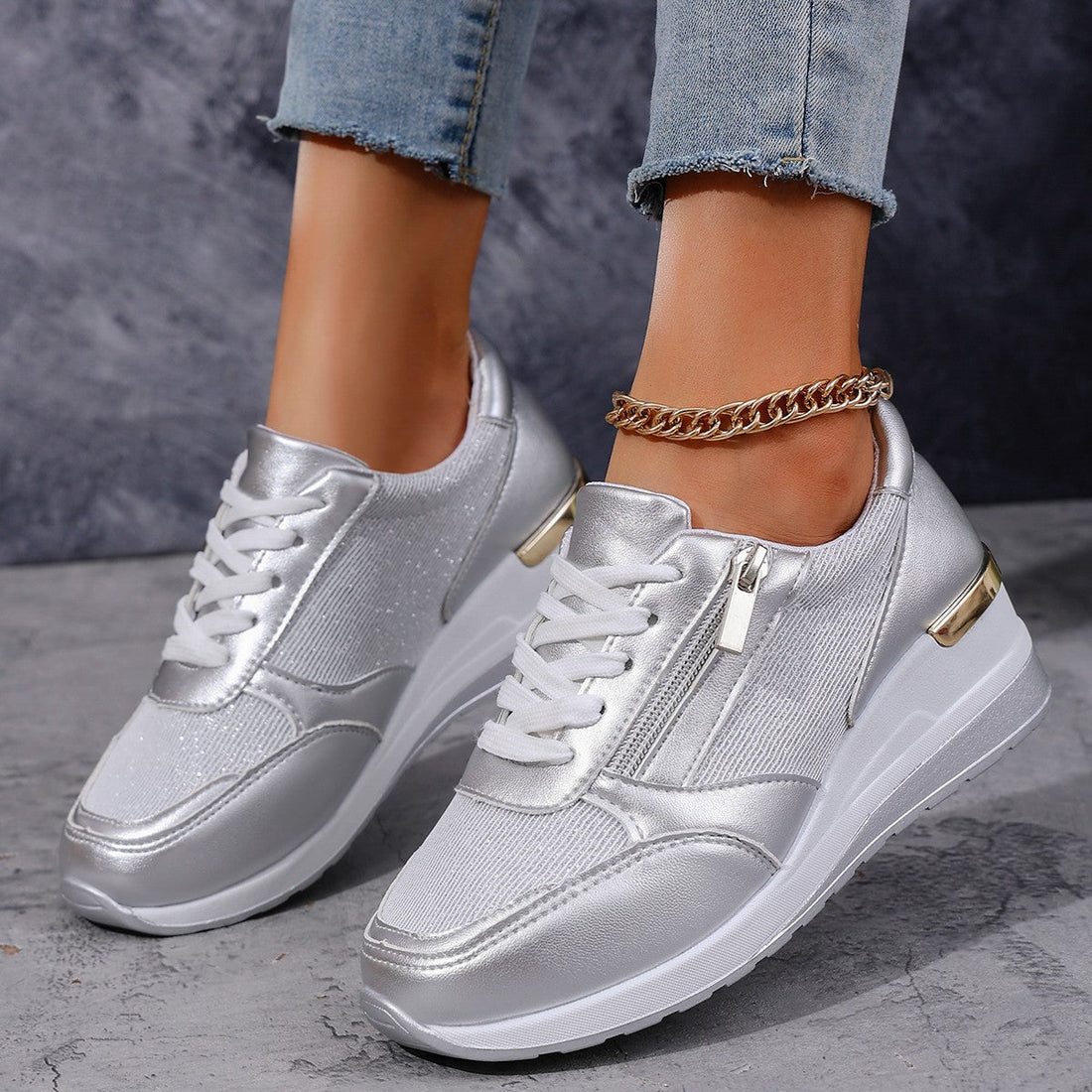 Women's Metallic Lace-Up Side Zipper Thick-Sole Sneakers