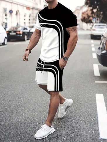 Men's Summer Fashion Trend 3D Digital Printing Short Sleeve Shorts Set