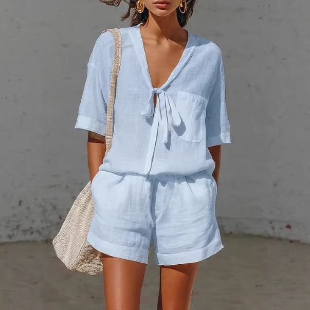 Women's Casual Summer Lace-Up Short-Sleeve Shirt & Loose Shorts Set