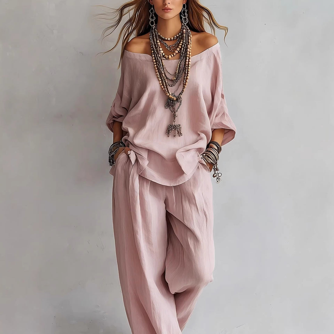 Women's Off-Shoulder Top & Wide-Leg Pants Set