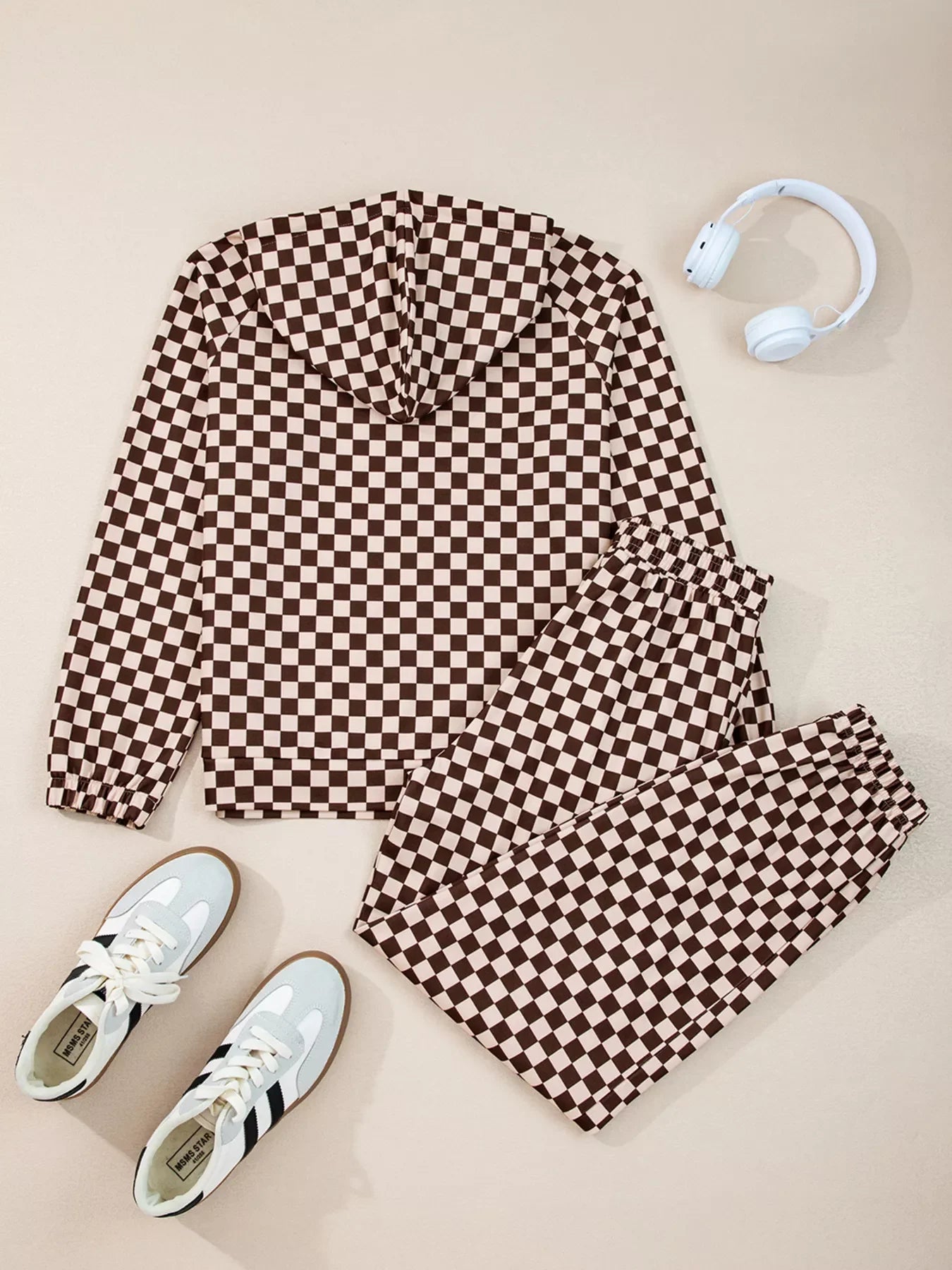 Women's Checkered Drawstring Hoodie and Pants Set