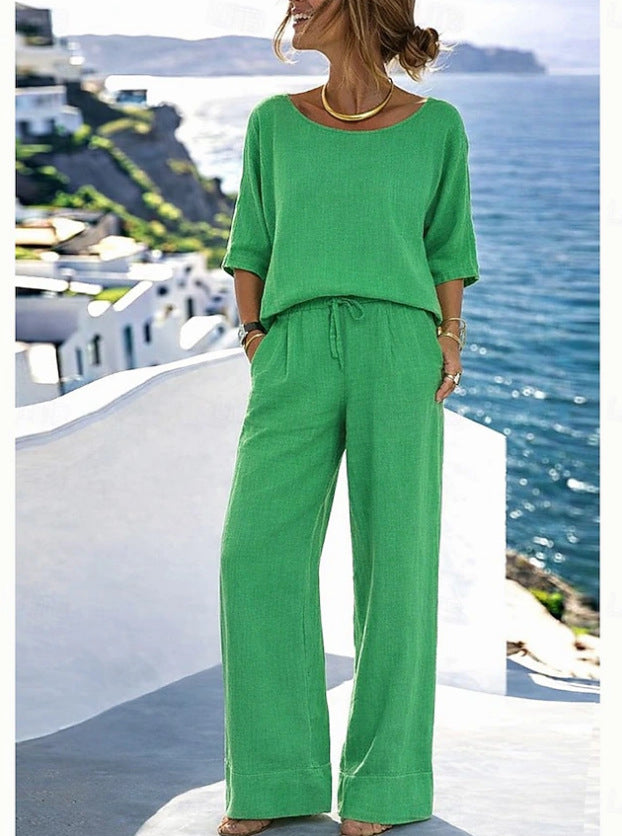 Women's Cotton Linen Resort Set – Short Sleeve Top & Wide-Leg Pants