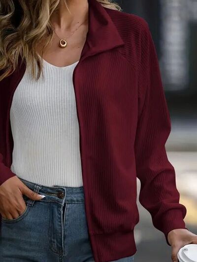 Women's Simple White Zip Up Collared Neck Raglan Sleeve Jacket