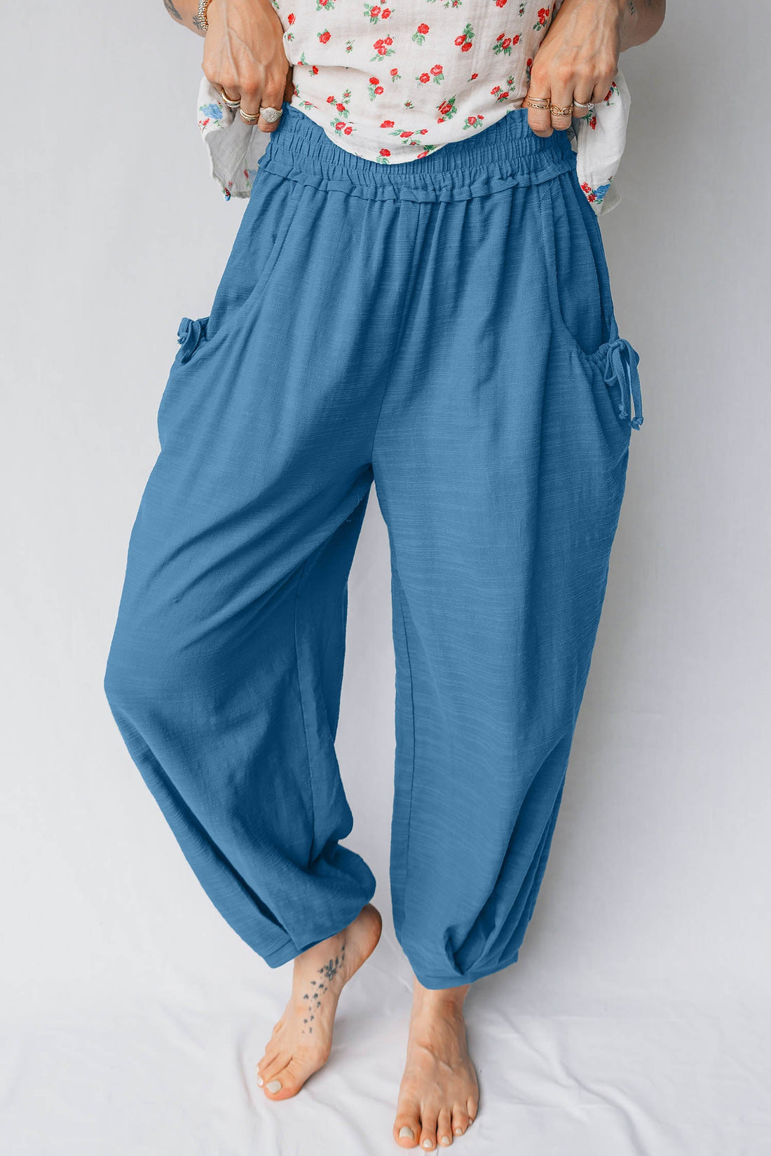 Women's Smocked High Waist Drawstring Pocket Jogger Pants