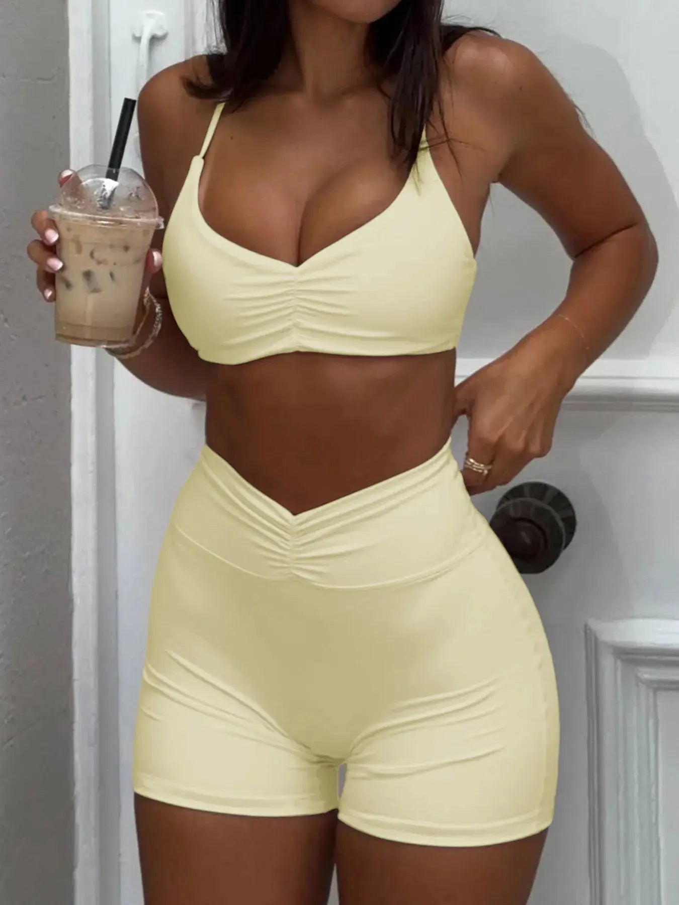 Women's Ruched Sports Bra and High-Waisted Shorts Active Set