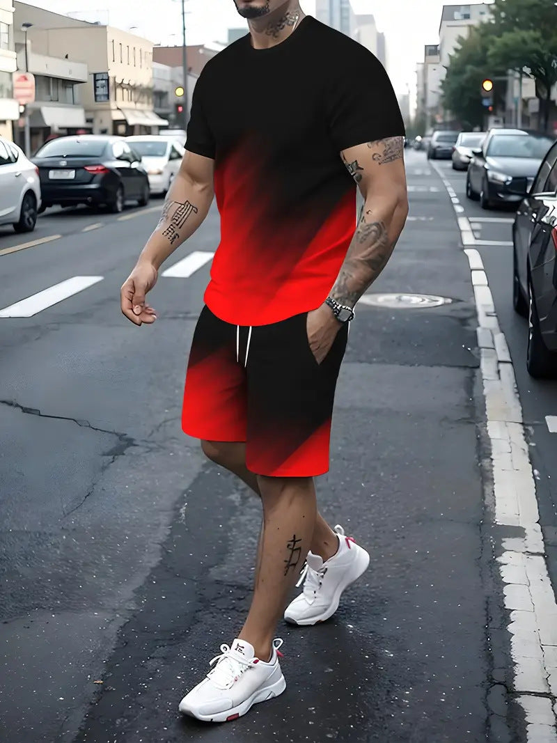 Men's Summer Fashion Trend 3D Digital Printing Short Sleeve Shorts Set
