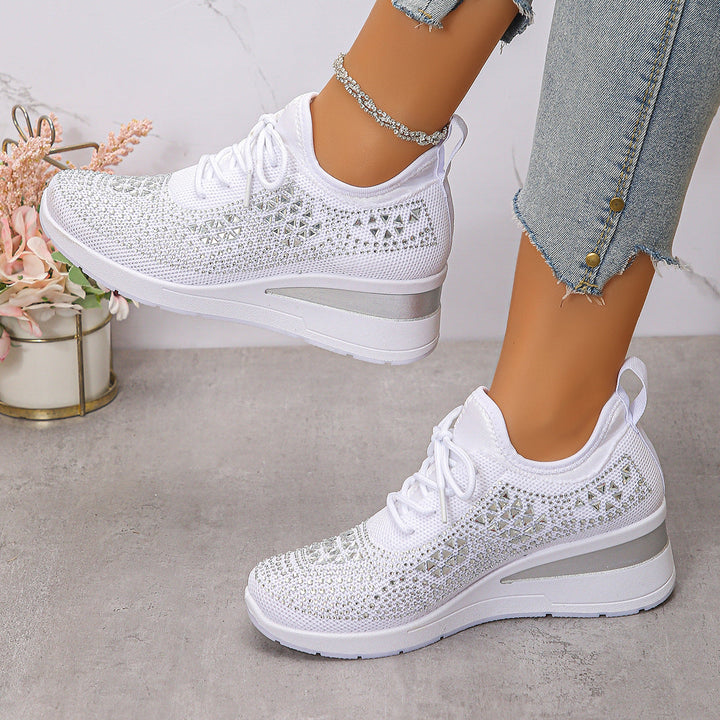 Women's Fashion Rhinestone Lace Up Wedge Sneakers