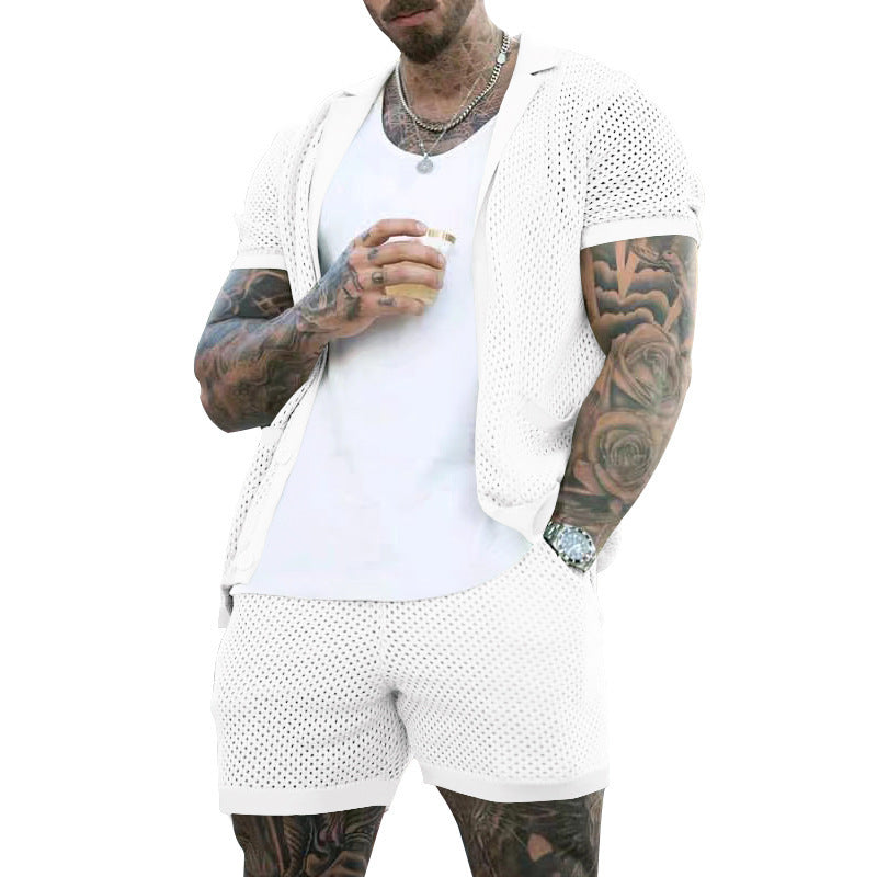 Men's Summer Cool Mesh Lapel Short Sleeve Shorts Suit
