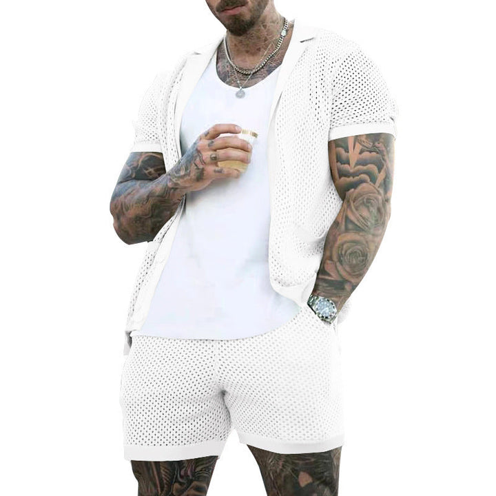 Men's Summer Cool Mesh Lapel Short Sleeve Shorts Suit